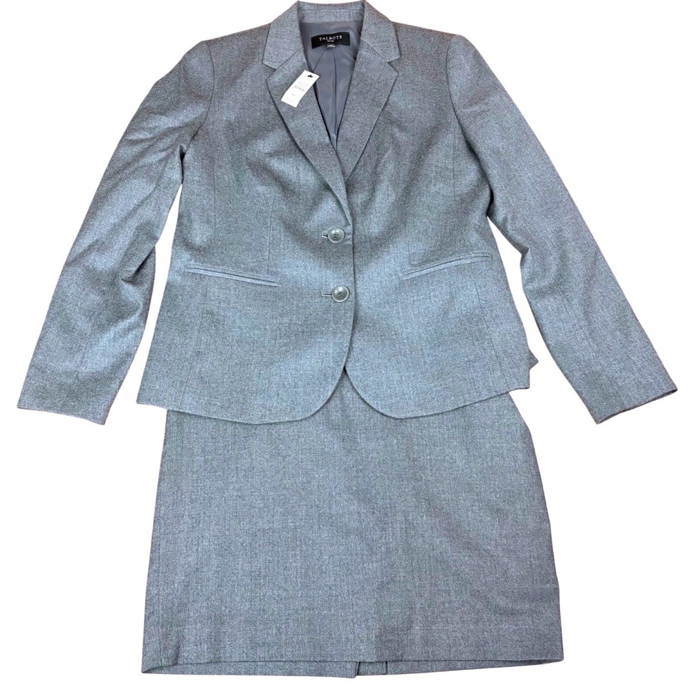 Talbots Petites 8P Gray Wool Blend 2-Piece Business Work Skirt Suit Blazer Set